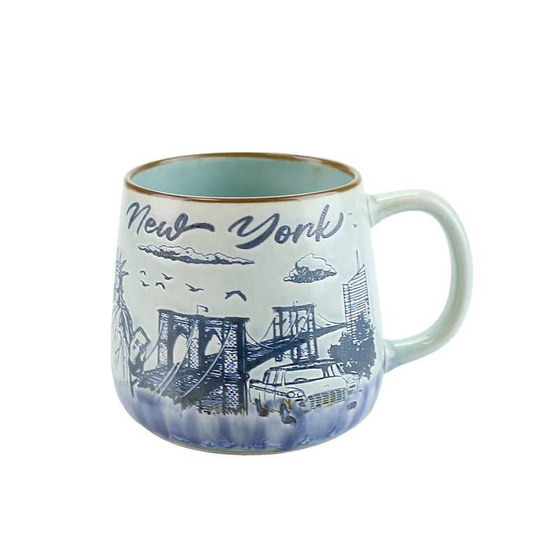 Brooklyn Bridge w/Statue of Liberty/NYC Taxi/Nature/New York Skyline Drawing - Design - Ceramic Coffee Mug - 11oz