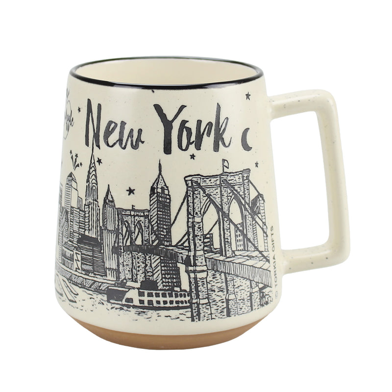 Brooklyn Bridge w/Statue of Liberty/NYC Taxi/Big Apple/New York Night Skyline Classic Hand Drawing - Design - Ceramic Coffee Mug - 11oz